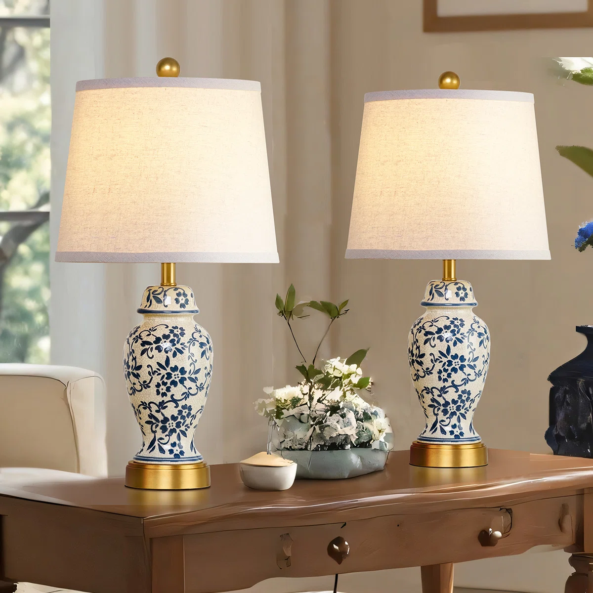 Engelbertus Base 22” Blue White Porcelain Jar Lamp Set With Chrome Base（set of 2) (Set of 2)