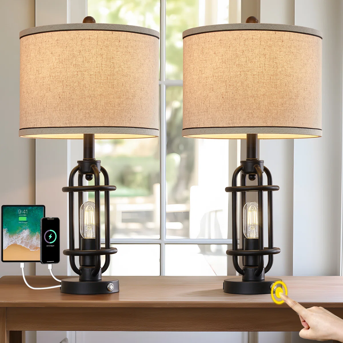Jacolbi 3 Way Dimmable Touch Control Table Lamp with Dual USB Ports (Set of 2)