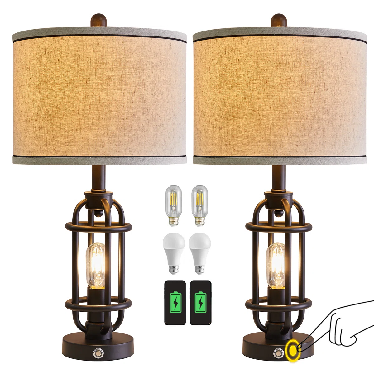 Jacolbi 3 Way Dimmable Touch Control Table Lamp with Dual USB Ports (Set of 2)