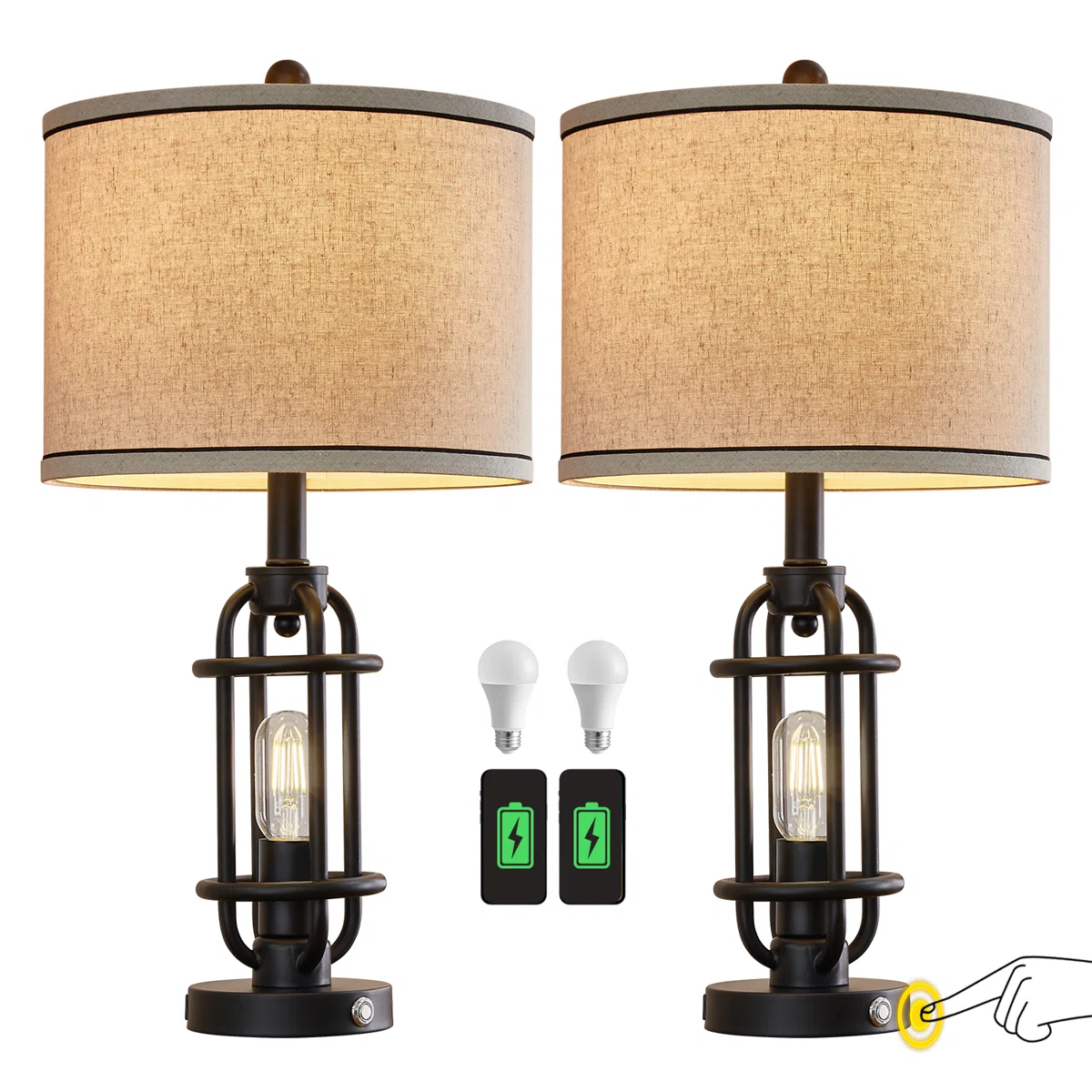 Jacolbi 3 Way Dimmable Touch Control Table Lamp with Dual USB Ports (Set of 2)