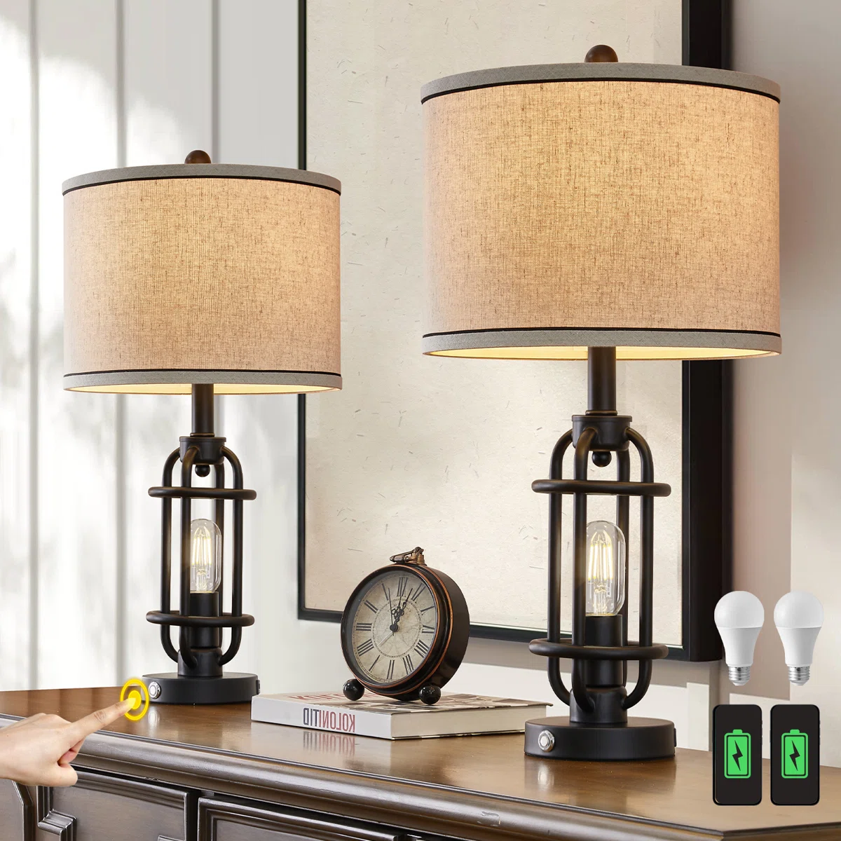 Jacolbi 3 Way Dimmable Touch Control Table Lamp with Dual USB Ports (Set of 2)