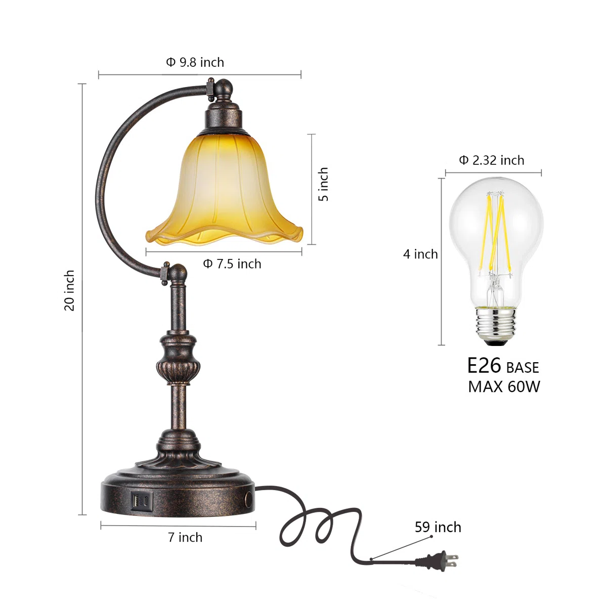 Touch Control Traditional Table Lamp With Glass Shade And USB A+C Charging Ports, Vintage Bronze Metal Base