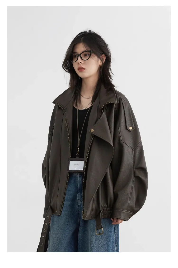 女士秋季重工立領機車PU夾克外套