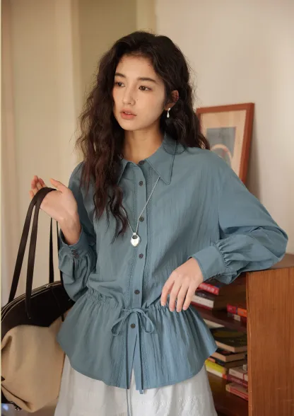 女復古抽繩收腰長袖襯衫
