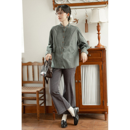 女士春秋古翼領打褶長袖襯衫