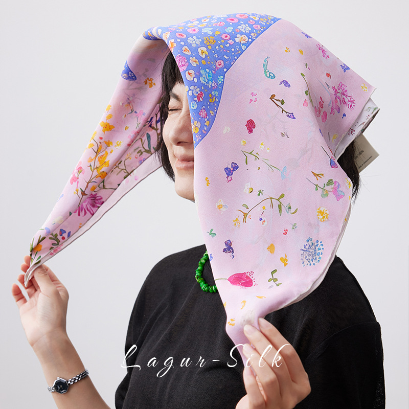 海豚薔薇星辰100%桑蠶絲方絲巾