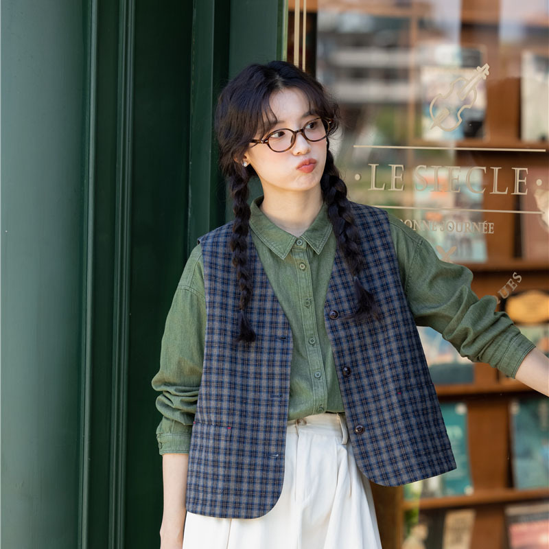 女士秋季復古格子背心