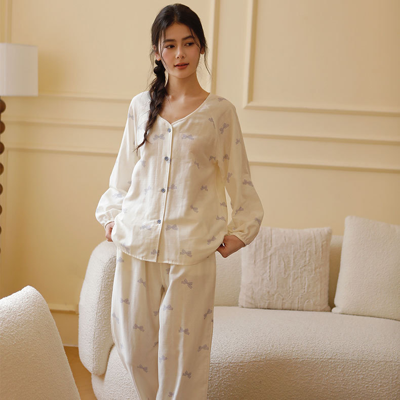 女無領長袖蝴蝶結印花睡衣套裝
