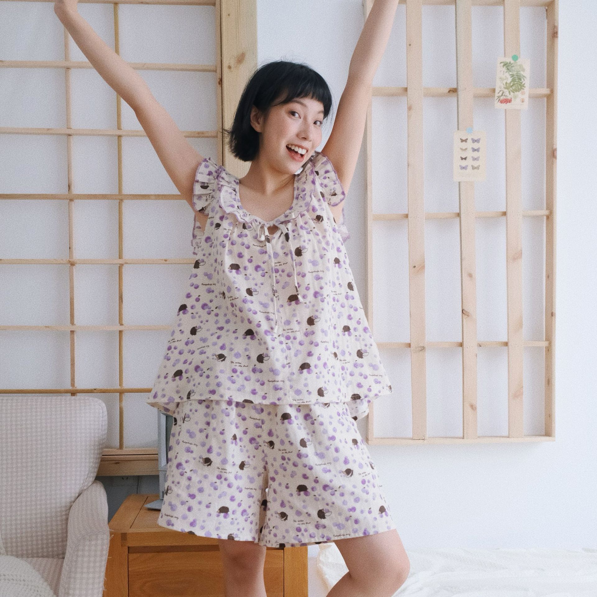 女士刺蝟純棉薄款花邊背心套裝睡衣
