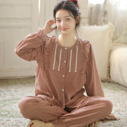 女士秋季帶胸墊純棉圓領開衫長袖長褲居家服