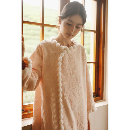 女秋冬加絨簡約提花甜美盤口國風睡裙