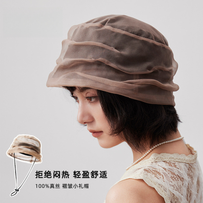 通透褶皺桑蠶絲小禮帽