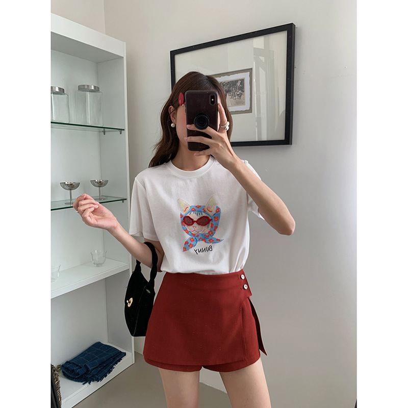 女夏韓系釘珠眼鏡印花T恤