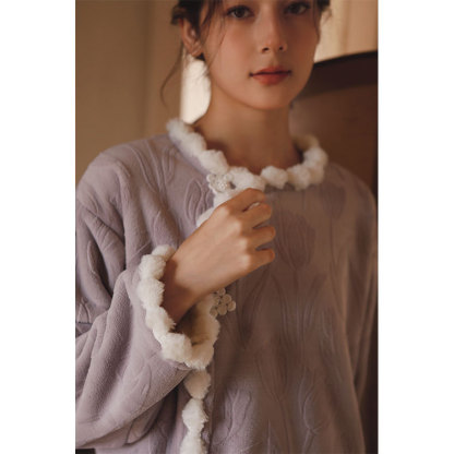 女士秋冬加絨鬱金香提花民國風睡衣