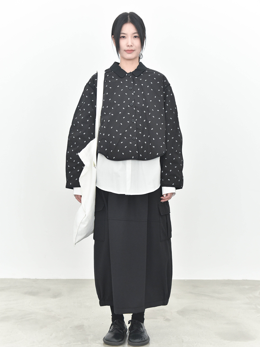 女士冬季文藝小碎花不規則下擺撞色包邊棉服外套