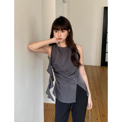 女夏不對稱荷葉邊無袖上衣