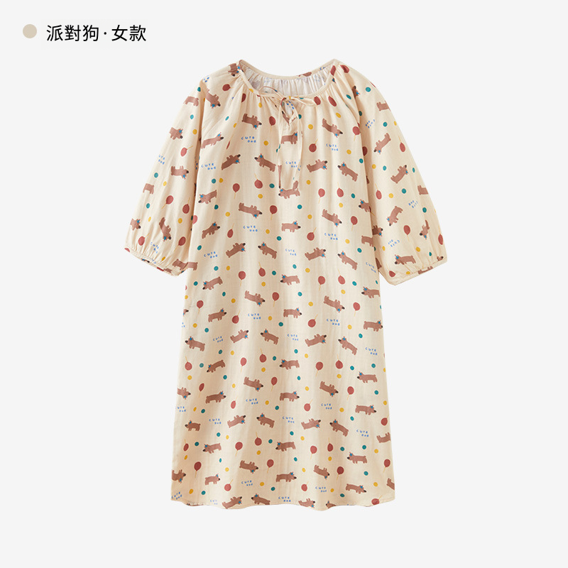 女款法式夏季七分袖純紗布可愛多睡裙