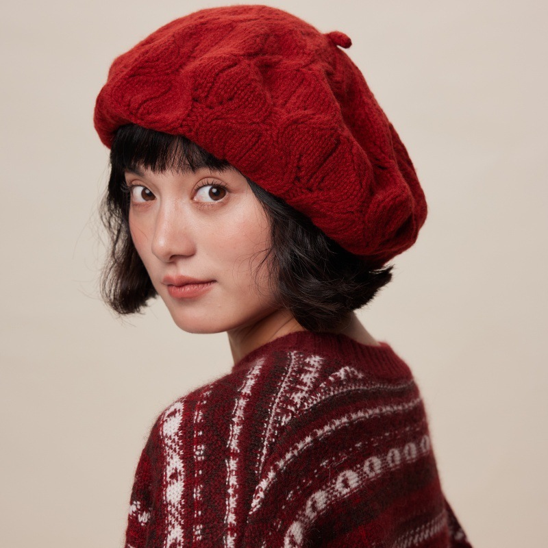 秋冬復古全羊毛毛線貝雷帽