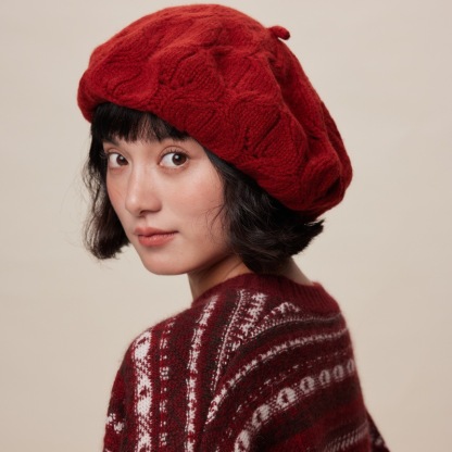 秋冬復古全羊毛毛線貝雷帽