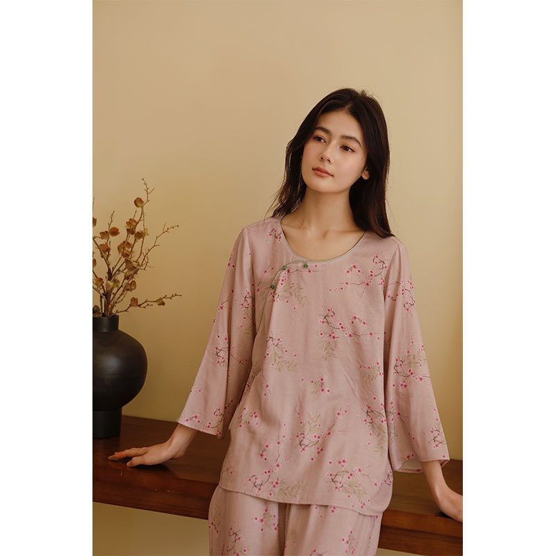 女竹棉紗新中式斜襟臘梅長袖睡裙