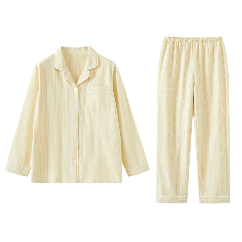 女士春秋冬情侶款純棉磨毛細條長袖長褲居家服