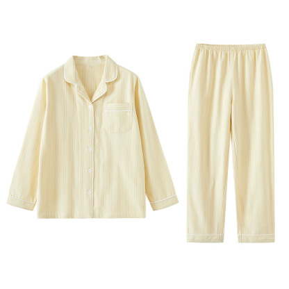 女士春秋冬情侶款純棉磨毛細條長袖長褲居家服