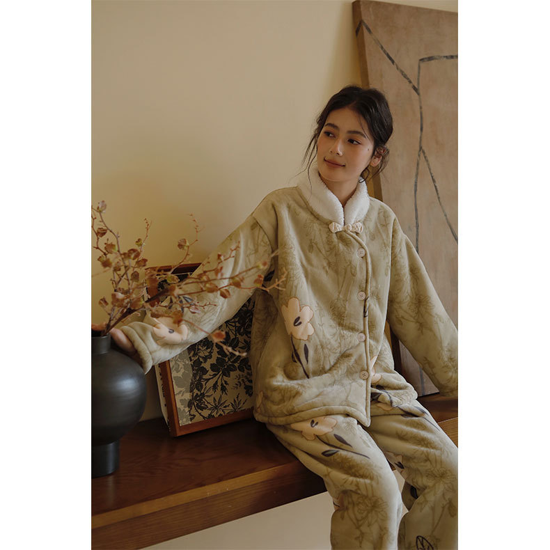 女士冬季古風印花立領睡衣套裝