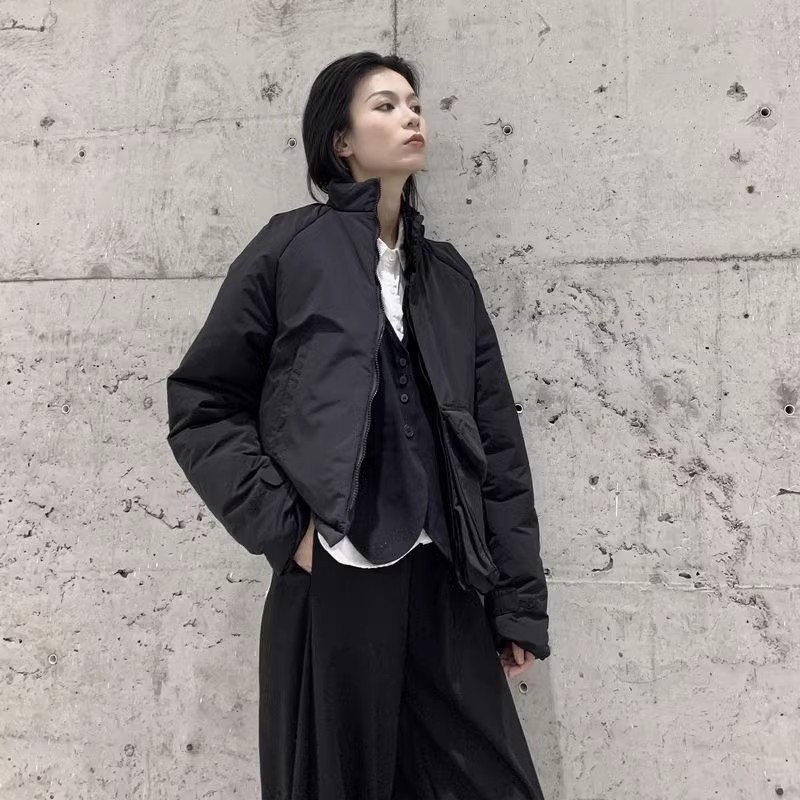 冬季短款立領大口袋不規則棉服