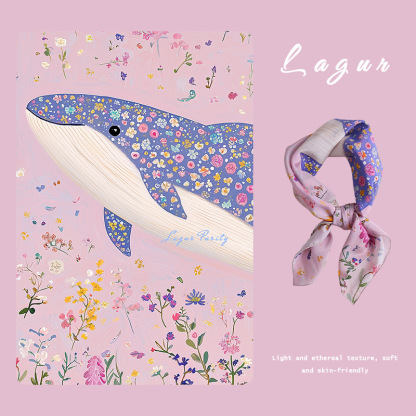 海豚薔薇星辰100%桑蠶絲方絲巾