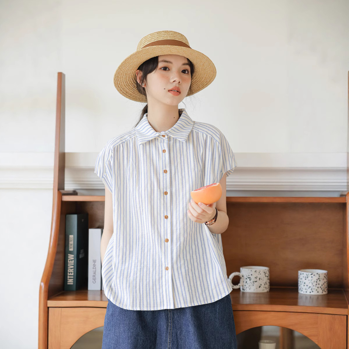 女百搭條紋短袖襯衫