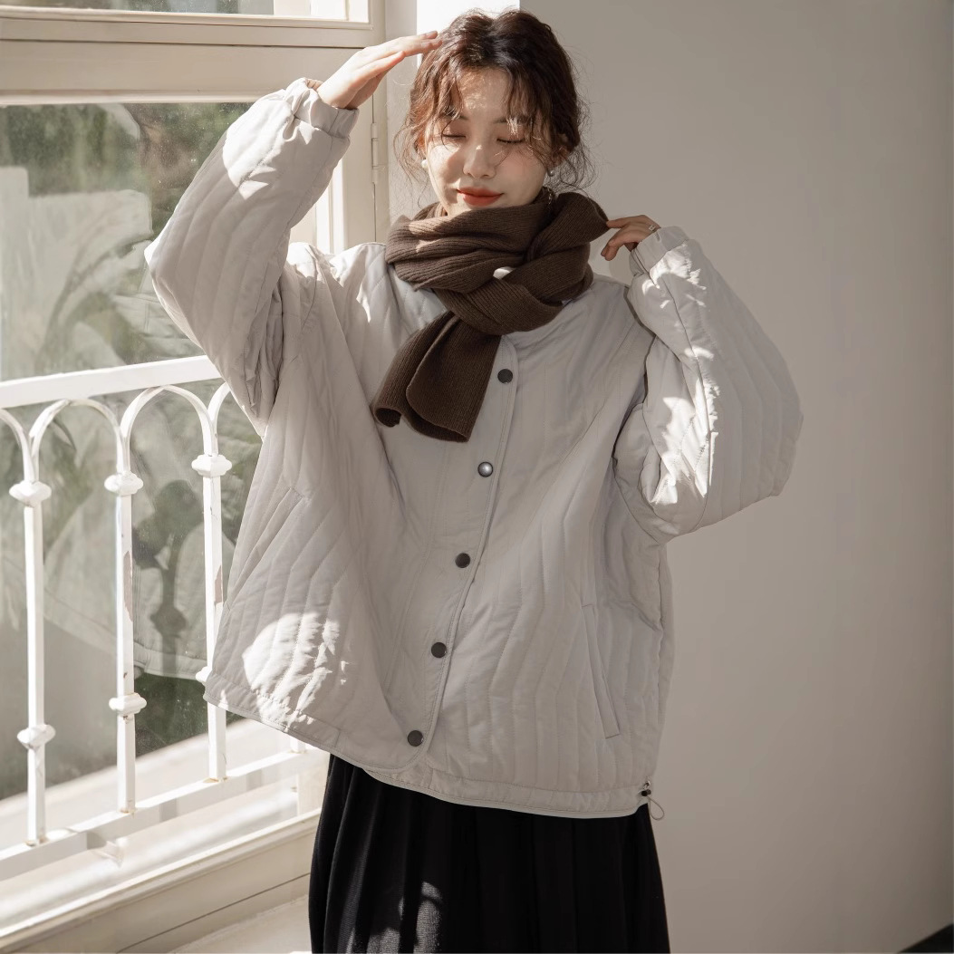 女士秋冬雙排扣小個子圓領棉衣外套