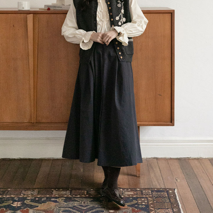 女士秋季法式高腰棉質藏藍色A字半身裙