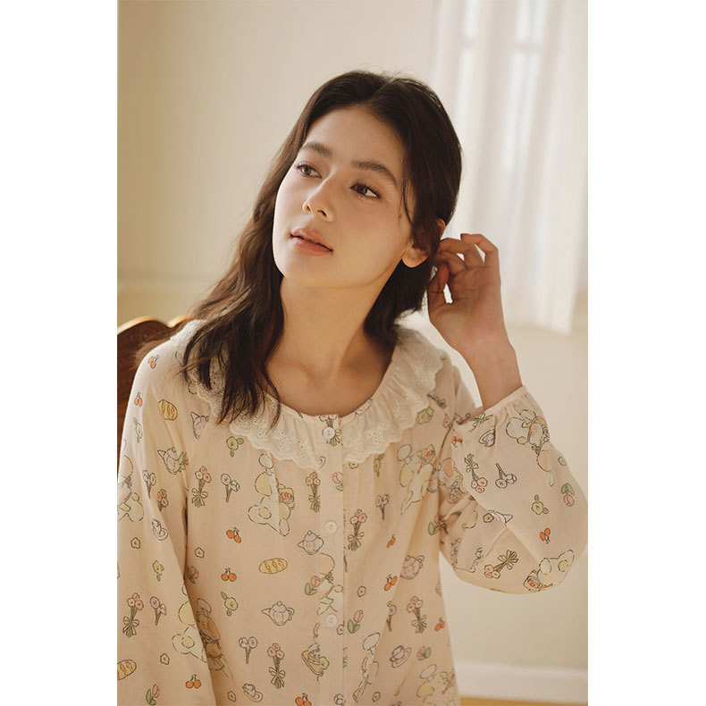 女款竹棉卡通印花圓領長袖睡衣套裝