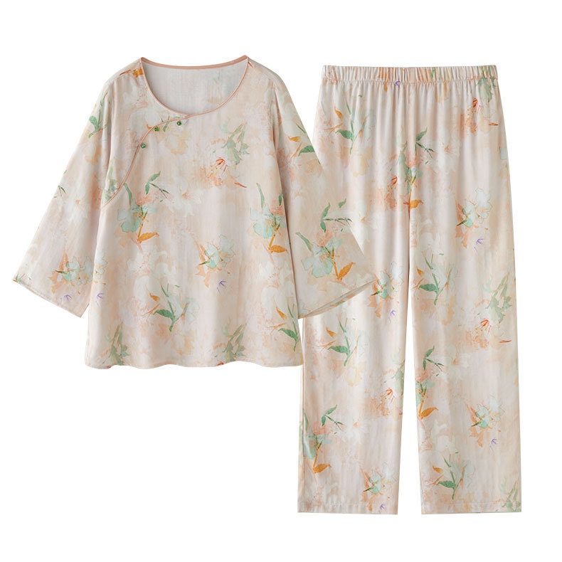 女款竹棉國風斜襟南笙印花長袖睡衣套裝