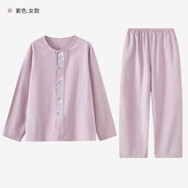 女士秋冬純棉磨毛祥雲刺繡長袖長褲居家服