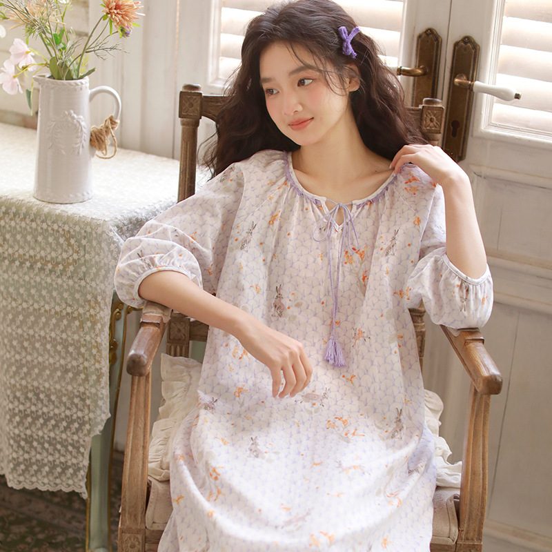 女款夏季棉紗流蘇系帶圓領七分袖睡裙