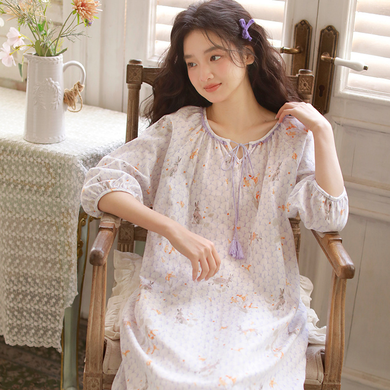 女款夏季棉紗流蘇系帶圓領七分袖睡裙