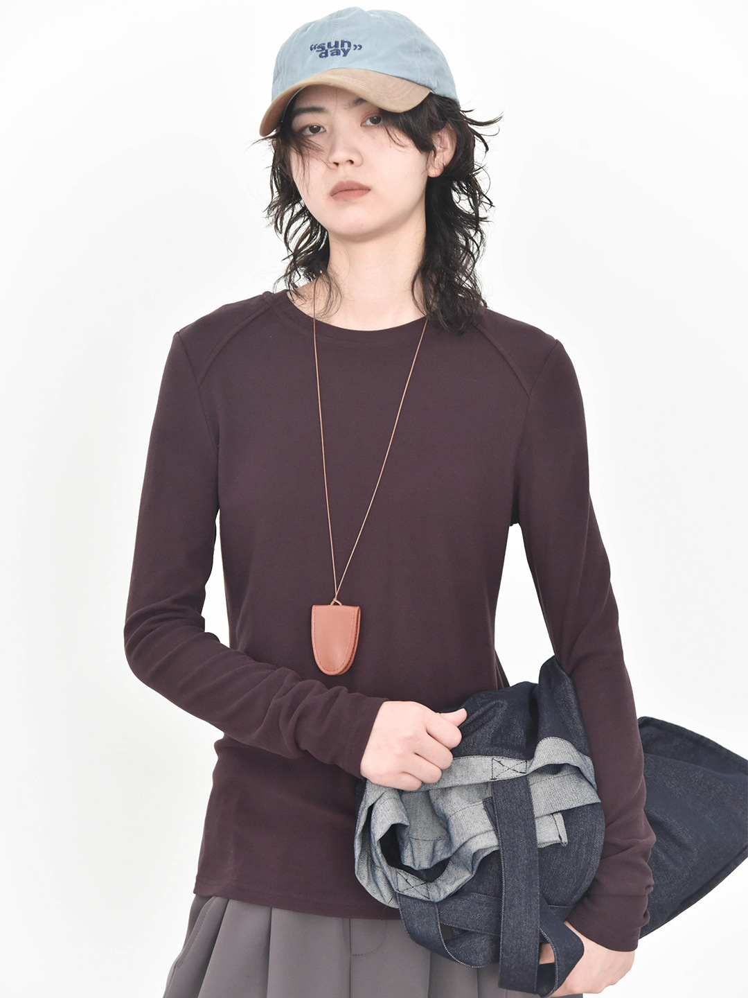 女士春秋軟糯幾件圓領拼縫插肩打底衫