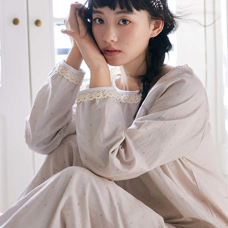 女款纯棉日系蕾絲邊長袖睡衣套装