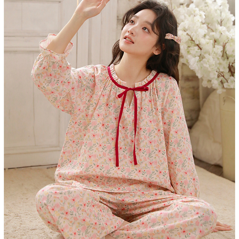 女春秋棉紗碎花九分袖居家服