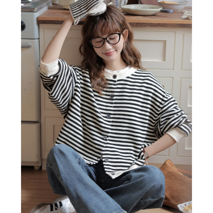 女士春秋條紋短款圓領開衫衛衣