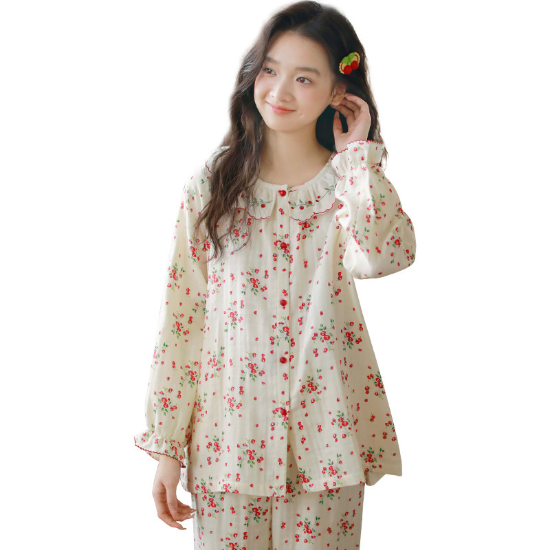 女士春秋薄款三層棉紗長袖長褲居家服