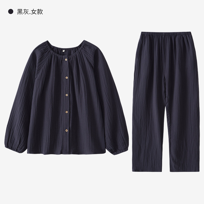 女士春秋雙層紗布圓領長袖長褲居家服