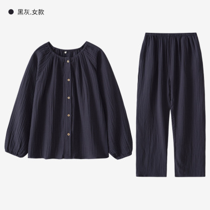 女士春秋雙層紗布圓領長袖長褲居家服