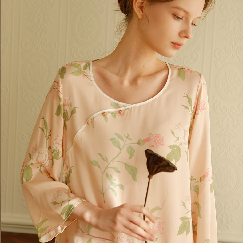 貢緞新中式國風長袖睡裙