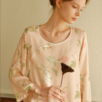 貢緞新中式國風長袖睡裙