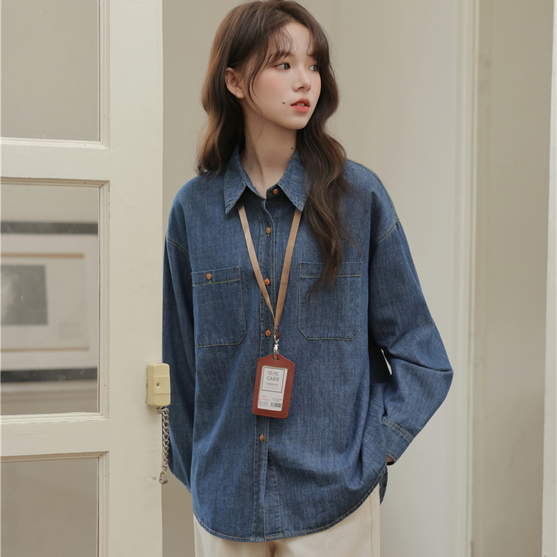 女士秋季日系V領單排扣針織馬甲+牛仔長袖襯衫