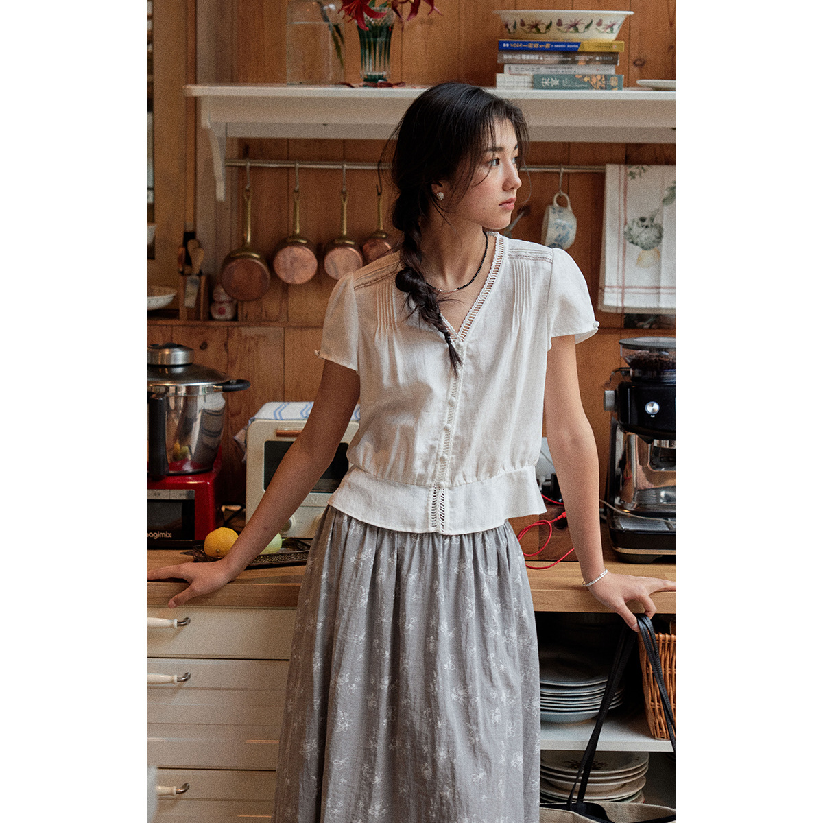 女夏萊賽爾v領荷葉邊短袖襯衫