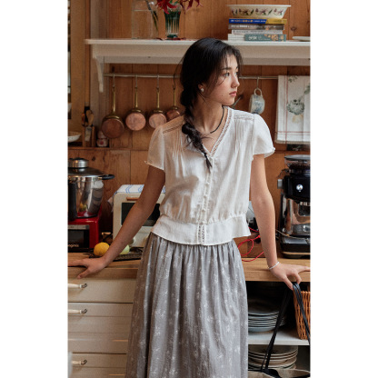 女夏萊賽爾v領荷葉邊短袖襯衫