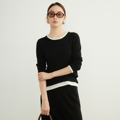 女士春秋羊毛假兩件套頭針織衫